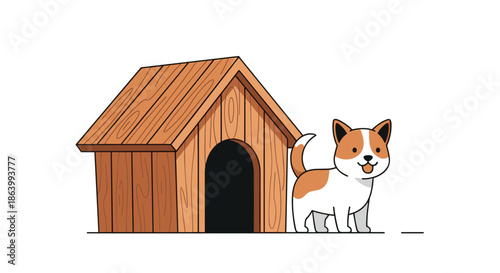 Cute small puppy standing next to its wooden doghouse featuring a pitched roof and a round arched entrance on a clean white background.