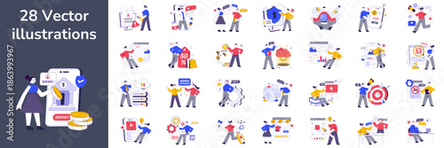 Business and Finance concept editable stroke illustrations set isolated on white background flat vectors