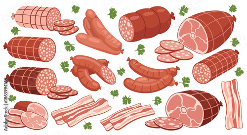 Assorted variety of meat products including different types of sausages, salami, ham, and bacon strips decorated with green parsley.