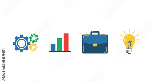 Business Growth Strategy Icons: Gears Progress Chart Briefcase Idea Lightbulb for Success Planning Innovation Finance and Corporate Solutions Stock Illustration