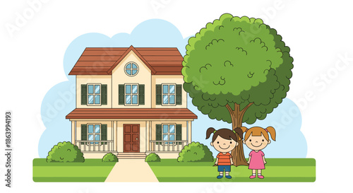 Two young girls standing in the front yard of a beautiful two-story suburban house with a large green tree and blue sky background.