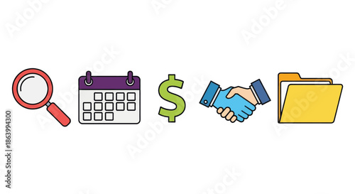 Business icons search calendar money handshake folder contract deal planning finance investment growth success strategy management teamwork collaboration agreement negotiation