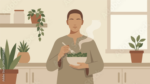 Person eating a healthy green salad in a minimalist kitchen setting