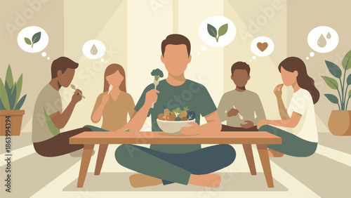 Diverse group of people enjoying a healthy plant-based meal together