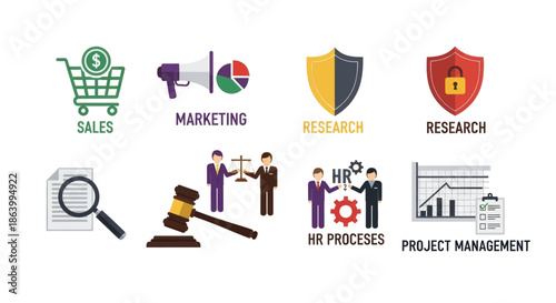 Business Strategy Icons Set Sales Marketing Research HR Processes Project Management Legal Justice Analysis Magnifying Glass Growth Success Planning Management Teamwork