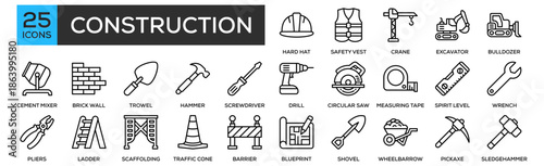 Construction Icon Collection Set. containing Design Hard Hat, Safety Vest, Crane, Excavator, Bulldozer