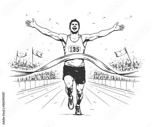 Male runner crossing marathon finish line with raised arms, dynamic black and white hand drawn line art vector illustration