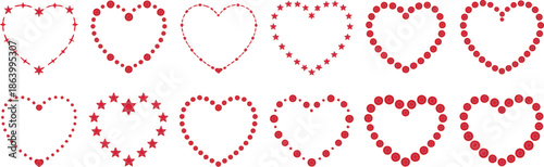 Collection of red decorative heart shapes made of dots and stars for Valentine's Day greeting cards and romantic wedding design elements isolated on transparent background.
