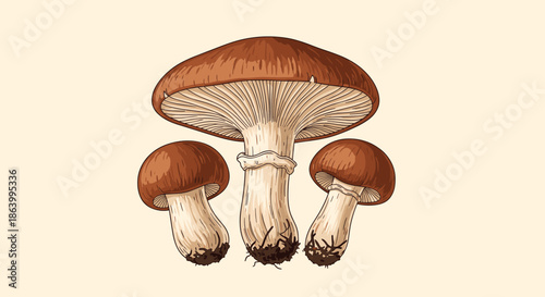 Realistic group of three brown forest mushrooms with thick white stems and wide caps illustrated in a detailed style on neutral background.