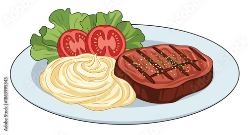 Delicious grilled beef steak served on a white plate with a side of creamy mashed potatoes, fresh lettuce, and bright red tomato slices.