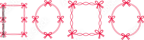 Set of cute pink ribbon frames with decorative bows and twisted line borders for lovely greeting cards and invitations isolated on transparent background.