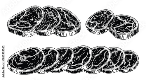 Graphic black and white illustration of marbled raw meat slices showing intricate fat patterns and realistic texture for food designs.