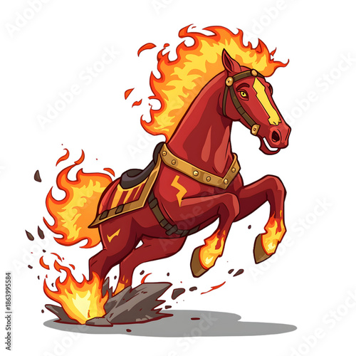 A cartoon horse with flaming mane and tail runs energetically, kicking up sparks, on a white background, conveying a dynamic and fiery mood.
