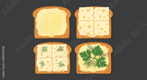 Selection of four toasted bread slices topped with various creamy spreads, swiss cheese slices, and fresh herbs like dill and parsley leaves.