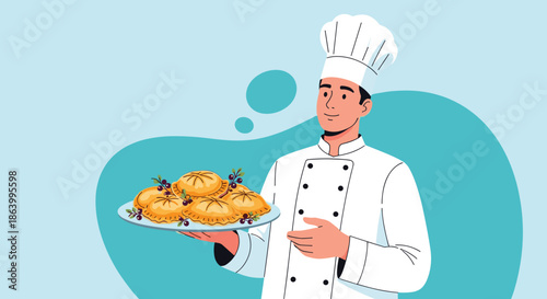 Friendly male chef in traditional white uniform and tall hat presenting a silver platter of golden baked pastries garnished with berries.