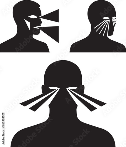 A black silhouette person wearing a futuristic LED facial mask flat vector art, light beams ,eye and mouth slits
