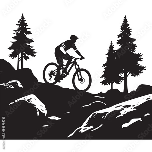  Silhouette of Mountain Biker Riding Uphill on Steep Rocky Terrain with Trees.