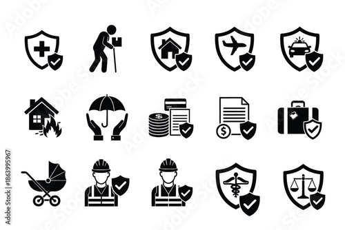Security and Protection Icons Set: Insurance, Home, Travel, Health, Finance, and Safety Shields