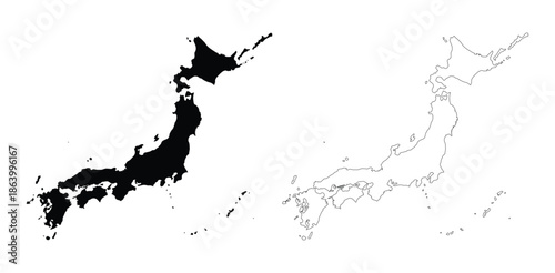 A detailed black and white silhouette of Japan's islands. Minimalist illustration of the country's geography.
