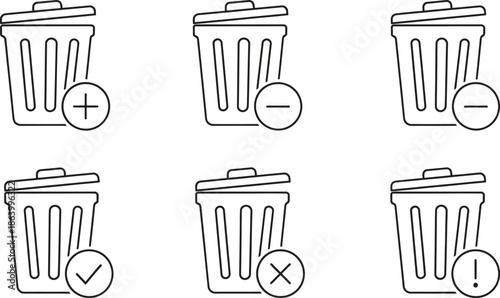 Trash cans with different symbols on transparent background