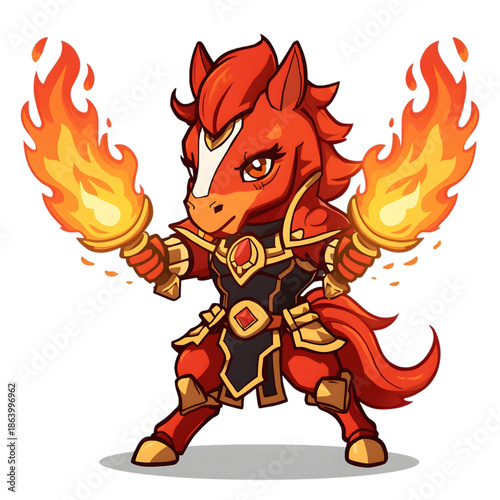 A cartoon red horse character with flames in both hands wearing a black and gold costume on a white background, celebrating Happy Chinese New Year with a fiery and festive mood.