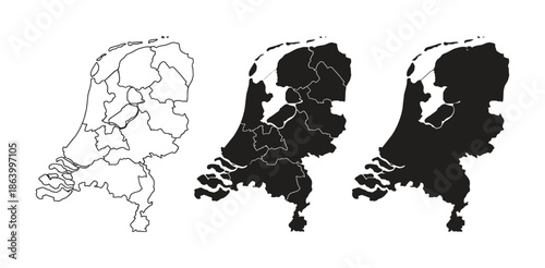 Three minimalist silhouettes of the Netherlands map. Simple and clean design suitable for various applications.