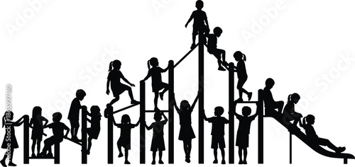 Children playground silhouette illustration showing kids climbing sliding and playing together, outdoor activity scene, black vector design for childhood recreation