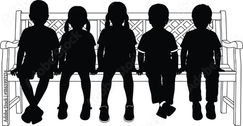 Children silhouette sitting on wooden park bench, group of happy kids together in garden, childhood friendship and play concept for social media vector design