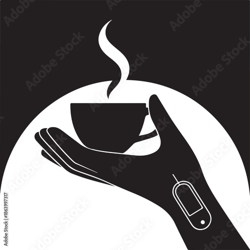 A hand holding a coffee cup flat vector silhouette, with the CGM visible on upper arm, daily routine black color illustration