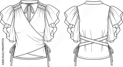 Feminine Ruffle Sleeve Wrap Blouse Fashion Flat Sketch Technical Drawing CAD Vector Illustration, Tie Front and Back Detail, Apparel Template for Designers and Production.