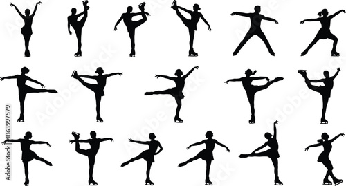 Figure skating silhouettes collection showing elegant ice skater poses and jumps, winter sport action, black vector illustration set for performance and training