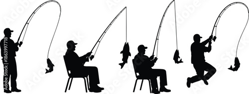 Fishing silhouettes collection showing anglers catching fish with rods in various poses, recreational sport and leisure activity concept, outdoor hobby theme, black vector illustration