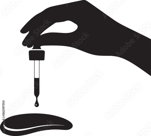 A hand holding a glass dropper flat black vector over a Gua Sha stone silhouette art, with a single drop of oil mid air