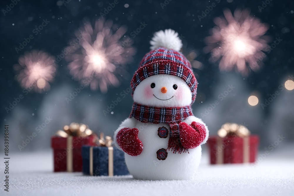 Fototapeta premium Smiling snowman with gifts and fireworks in snowy celebration