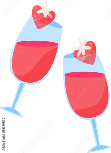 Romantic wine glasses with fresh strawberries. Perfect for Valentine Day cards, date nights, and party decor. Vibrant flat icon