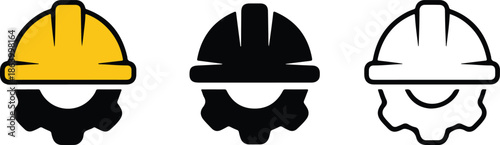 construction hard hat and gear engineer head icon trio