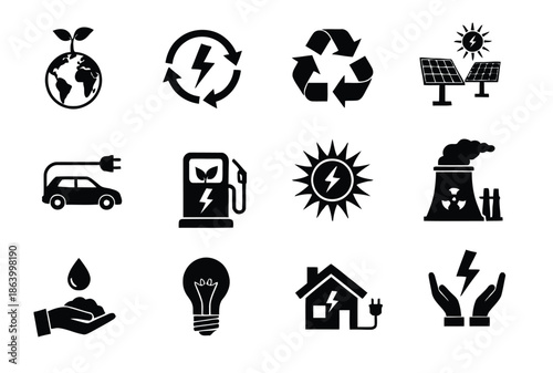Sustainable Energy Icons Set: Solar Power, Recycling, Electric Cars and Green Technology Symbols
