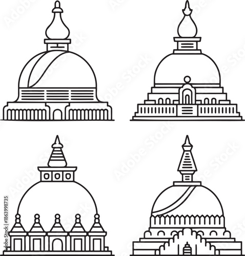 Set of Asian pagoda Outline vector illustration isolated On Transparent Background