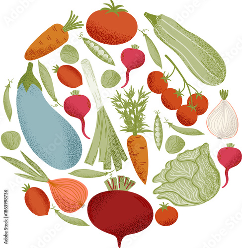 Round vegetable composition with textured details. Fresh organic food circle in pastel colors. Harvest frame for healthy menu and farm market branding
