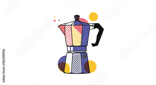 Modern pop art style illustration of an Italian moka pot coffee maker with colorful geometric patterns and abstract circles in the background.