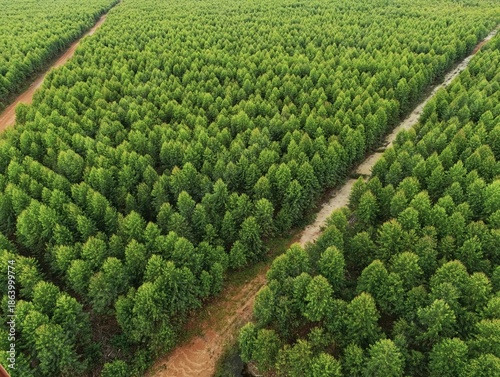 Overhead perspective of eucalyptus tree canopy in a structured industrial plantation, reflecting growth, order, and eco-friendly land use.	