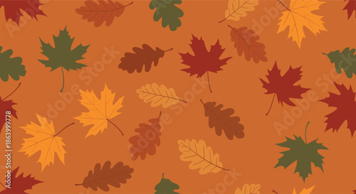 Seamless autumn pattern vector background with colorful falling maple and oak leaves in beautiful orange, red, yellow, and brown tones.