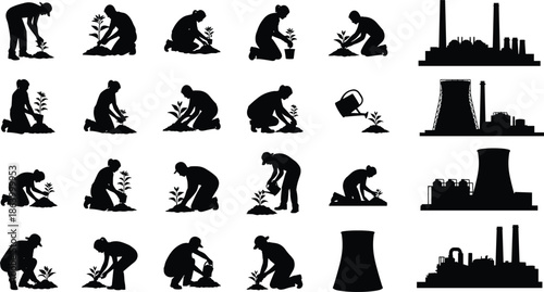 Gardening silhouette, industrial contrast, eco lifestyle, factory pollution, environmental awareness, nature care, urban development, sustainability concept, people planting, green future,
