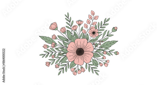 Beautiful hand-drawn bouquet of pink flowers and green leaves with a delicate sketched line art style, isolated on white background.