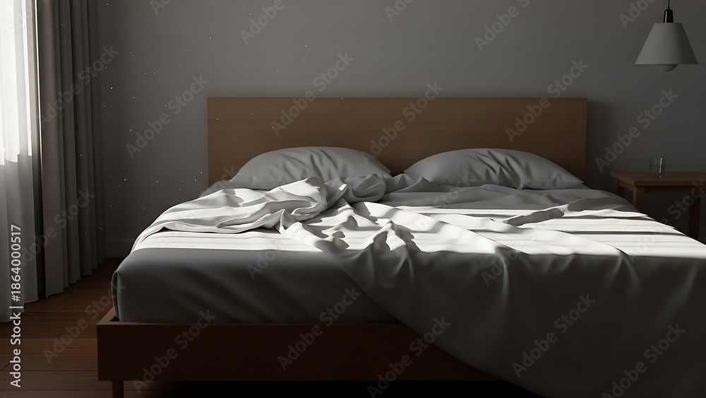 Obraz premium A serene and quiet bedroom scene with an empty bed surrounded by minimal decor and soft natural light