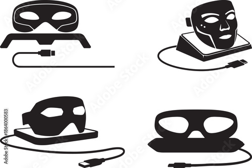 A silhouette of an LED mask resting on a sleek charging stand flat vector art, with a USB-C cable black illustration plugged into the base