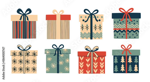 Collection of eight rustic, hand-drawn Christmas gift boxes with various festive patterns and bows, isolated on a white background.