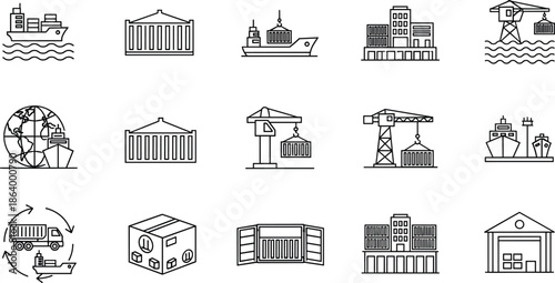 Cargo Ship, Freight Containers, Delivery Truck, Warehouse, Port Crane, and Supply Chain Management Vector Collection.