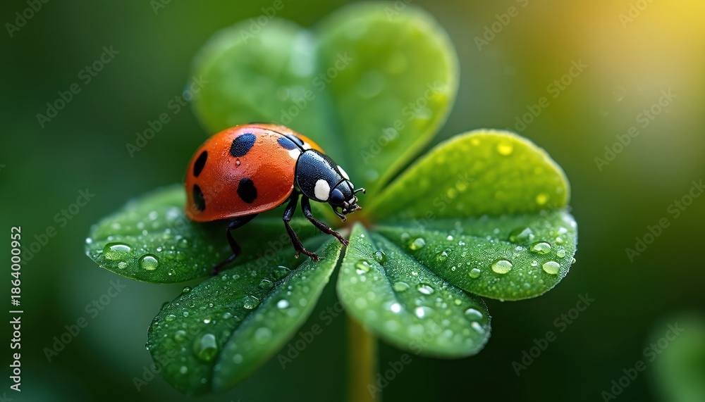 Fototapeta premium Red ladybug with black spots crawls on wet green four leaf clover, fresh dew drops glisten in sunlight. Macro view of small insect on plant in garden. Concept of good luck.