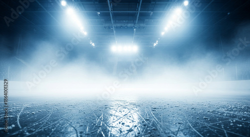Empty ice rink with bright lights and fog, hockey arena interior, cold atmosphere, ice surface with scratches, stadium lighting, misty ambiance, frozen